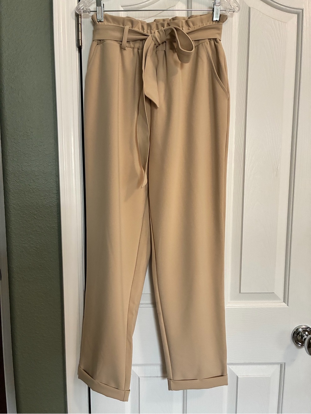 SO Women's Paperbag Waist Belted Pants - Light Tan